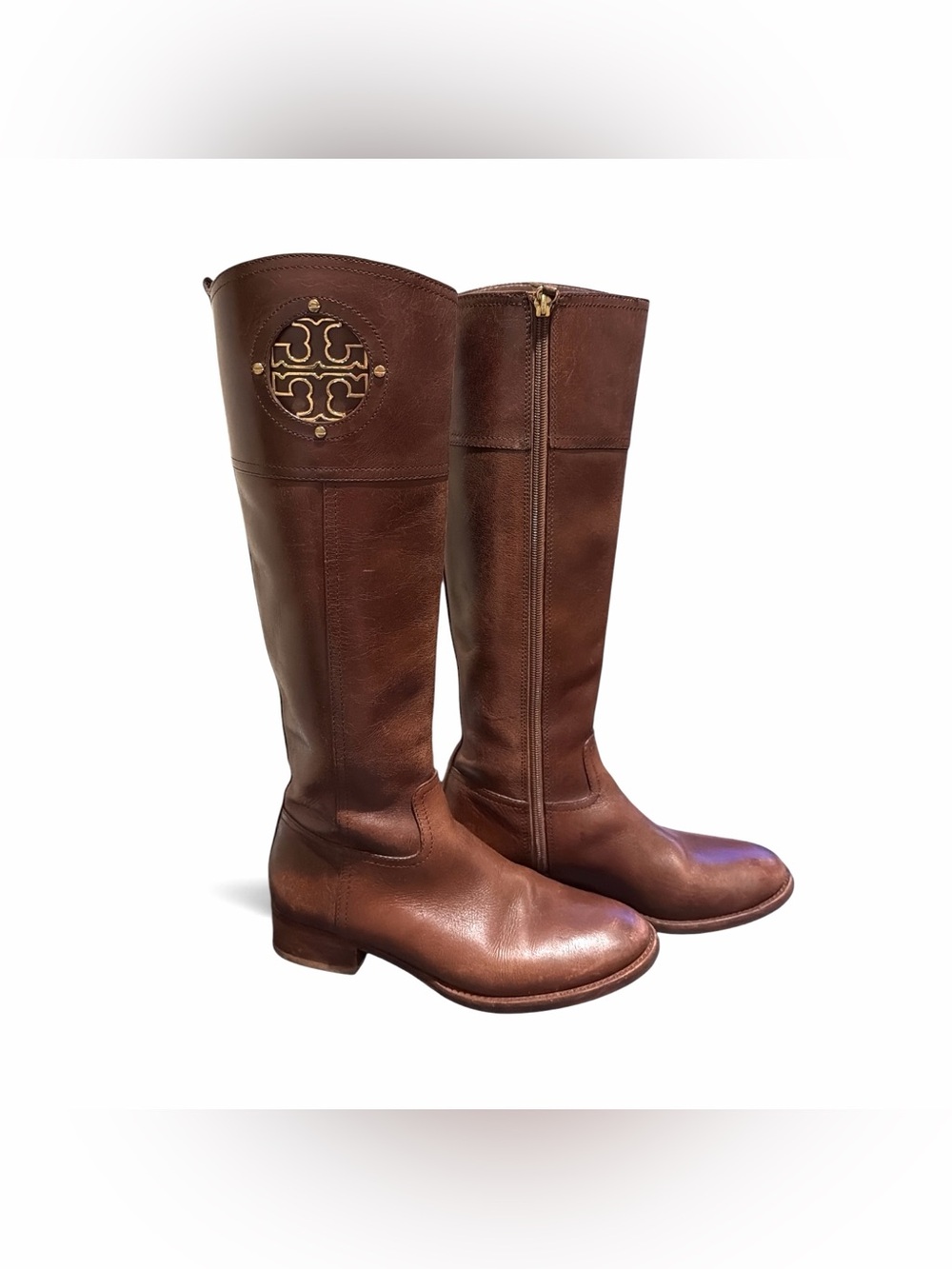 Tory Burch Kiernan Brown Leather Riding Boots Gold Logo Size 7M